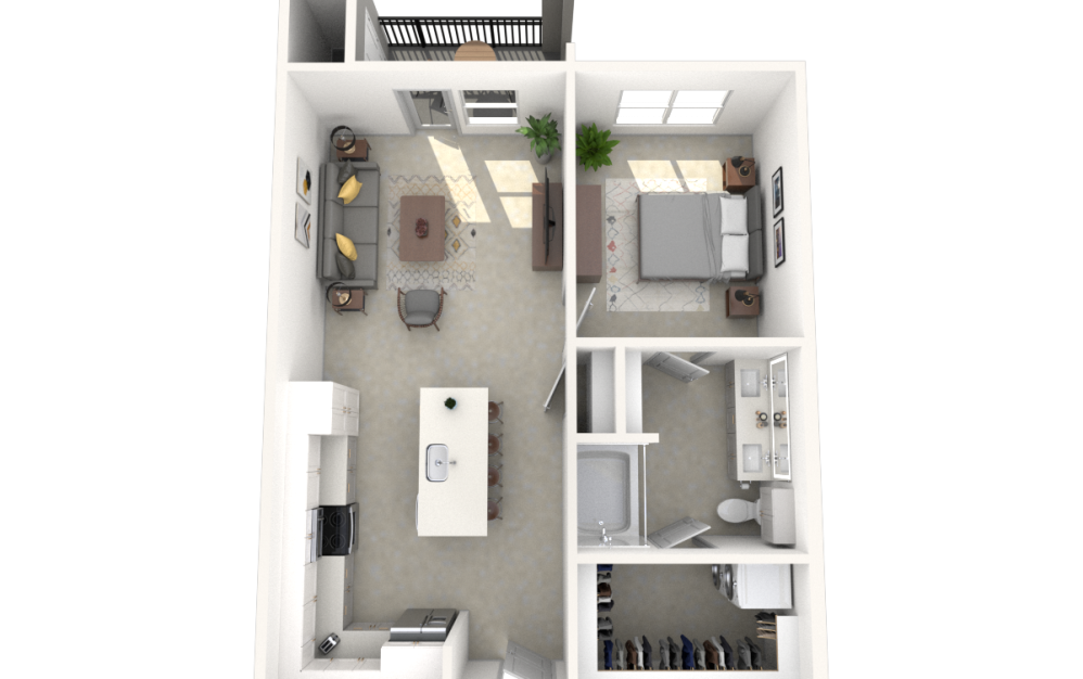 A1 - 1 bedroom floorplan layout with 1 bathroom and 722 square feet (3D) A1 - 1 bedroom floorplan layout with 1 bathroom and 722 square feet (3D)