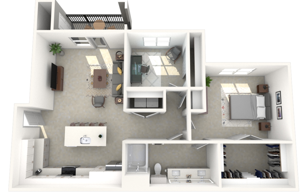 A5 - 1 bedroom floorplan layout with 1 bathroom and 1000 square feet (3D) A5 - 1 bedroom floorplan layout with 1 bathroom and 1000 square feet (3D)