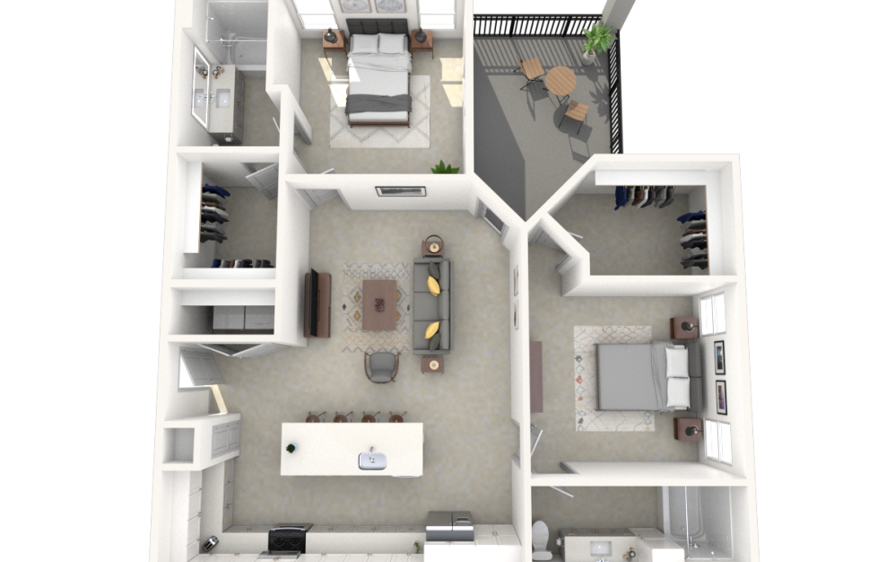 B1 - 2 bedroom floorplan layout with 2 bathrooms and 1177 square feet (3D) B1 - 2 bedroom floorplan layout with 2 bathrooms and 1177 square feet (3D)