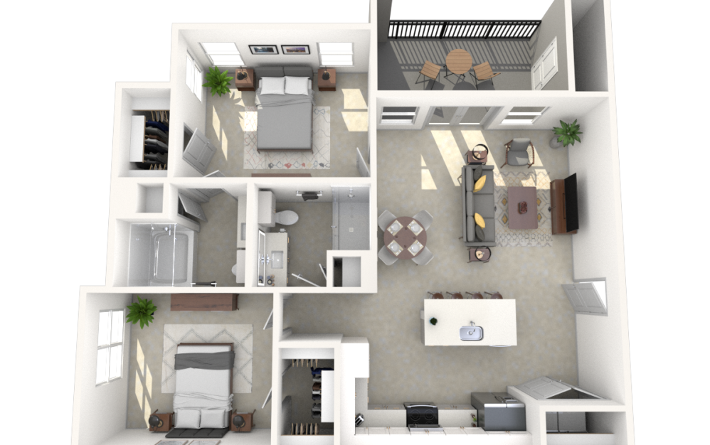 B2-HC - 2 bedroom floorplan layout with 2 bathrooms and 1082 square feet (3D) B2-HC - 2 bedroom floorplan layout with 2 bathrooms and 1082 square feet (3D)