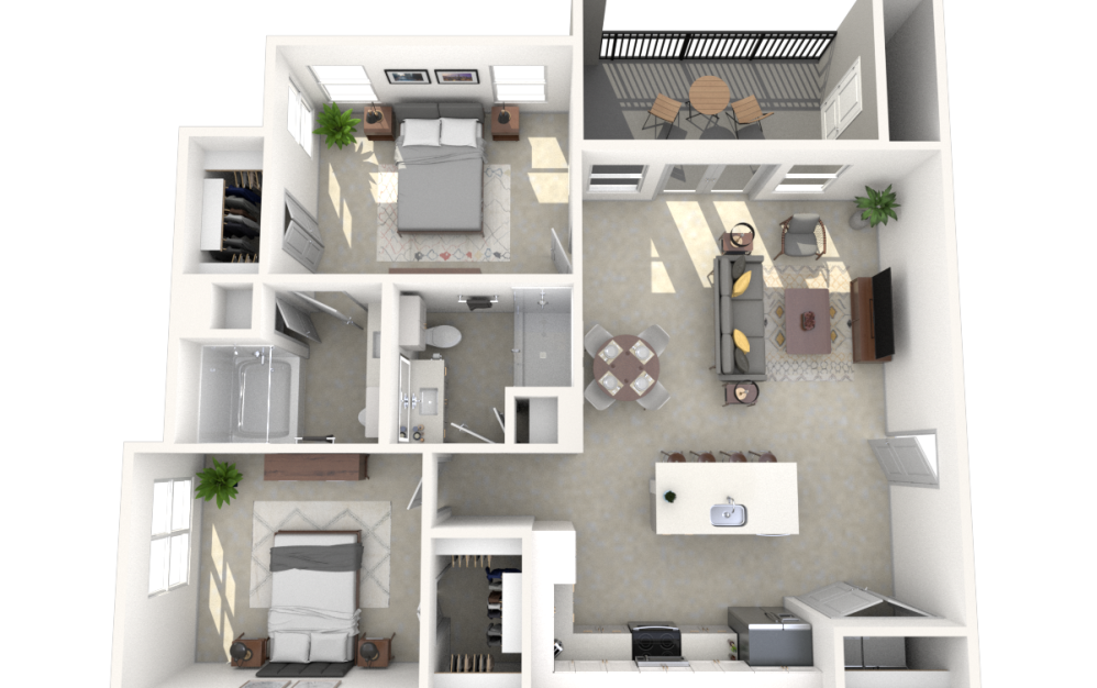 B2 - 2 bedroom floorplan layout with 2 bathrooms and 1082 square feet (3D) B2 - 2 bedroom floorplan layout with 2 bathrooms and 1082 square feet (3D)