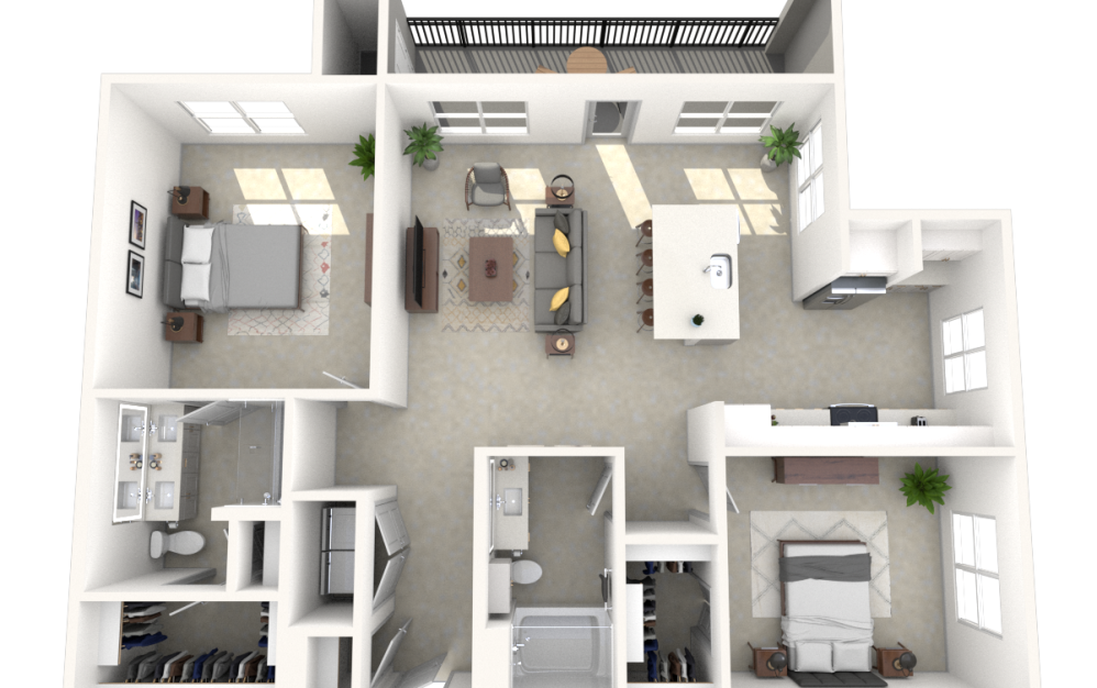 B3 - 2 bedroom floorplan layout with 2 bathrooms and 1235 square feet (3D) B3 - 2 bedroom floorplan layout with 2 bathrooms and 1235 square feet (3D)