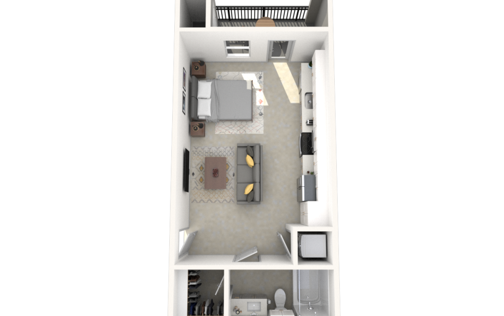 E1 - Studio floorplan layout with 1 bathroom and 462 square feet (3D) E1 - Studio floorplan layout with 1 bathroom and 462 square feet (3D)