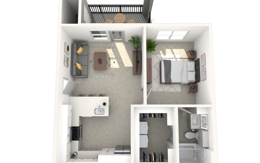 E3 - Studio floorplan layout with 1 bathroom and 600 square feet (3D) E3 - Studio floorplan layout with 1 bathroom and 600 square feet (3D)